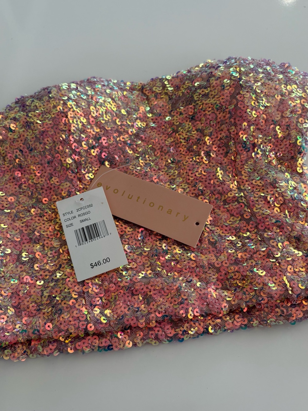 Evolutionary Iridescent Sequin Strapless Crop Top - Pink/Gold